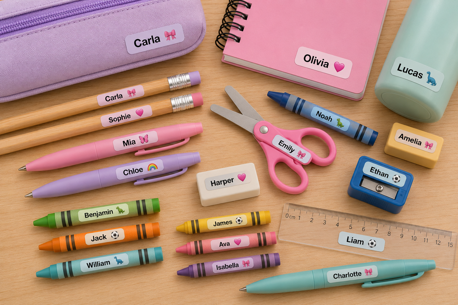 Personalised school name stickers on pencils, pens, crayons, scissors, notebooks and water bottles